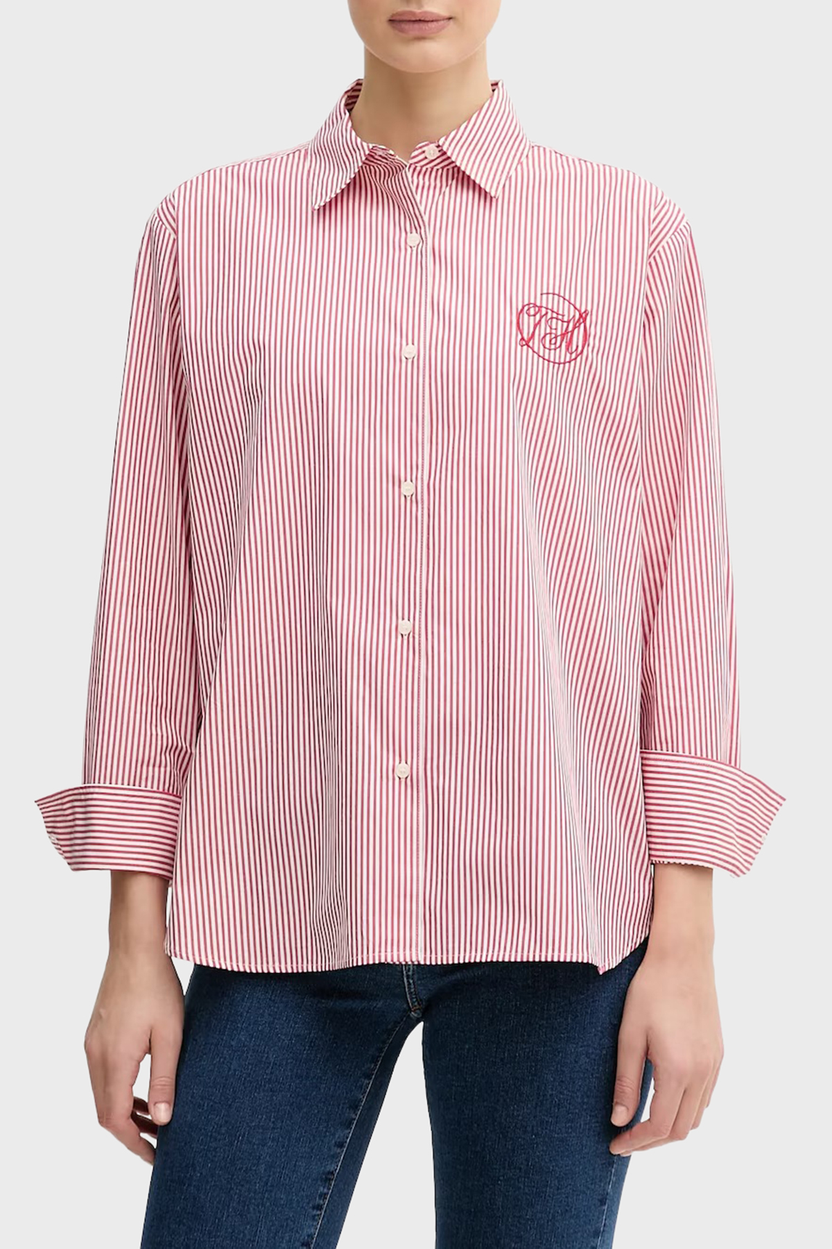 Tommy Hilfiger Pamuklu Regular Fit Çizgili Uzun Kollu Kadın Gömlek WW0WW48190 0E7 KIRMIZI
