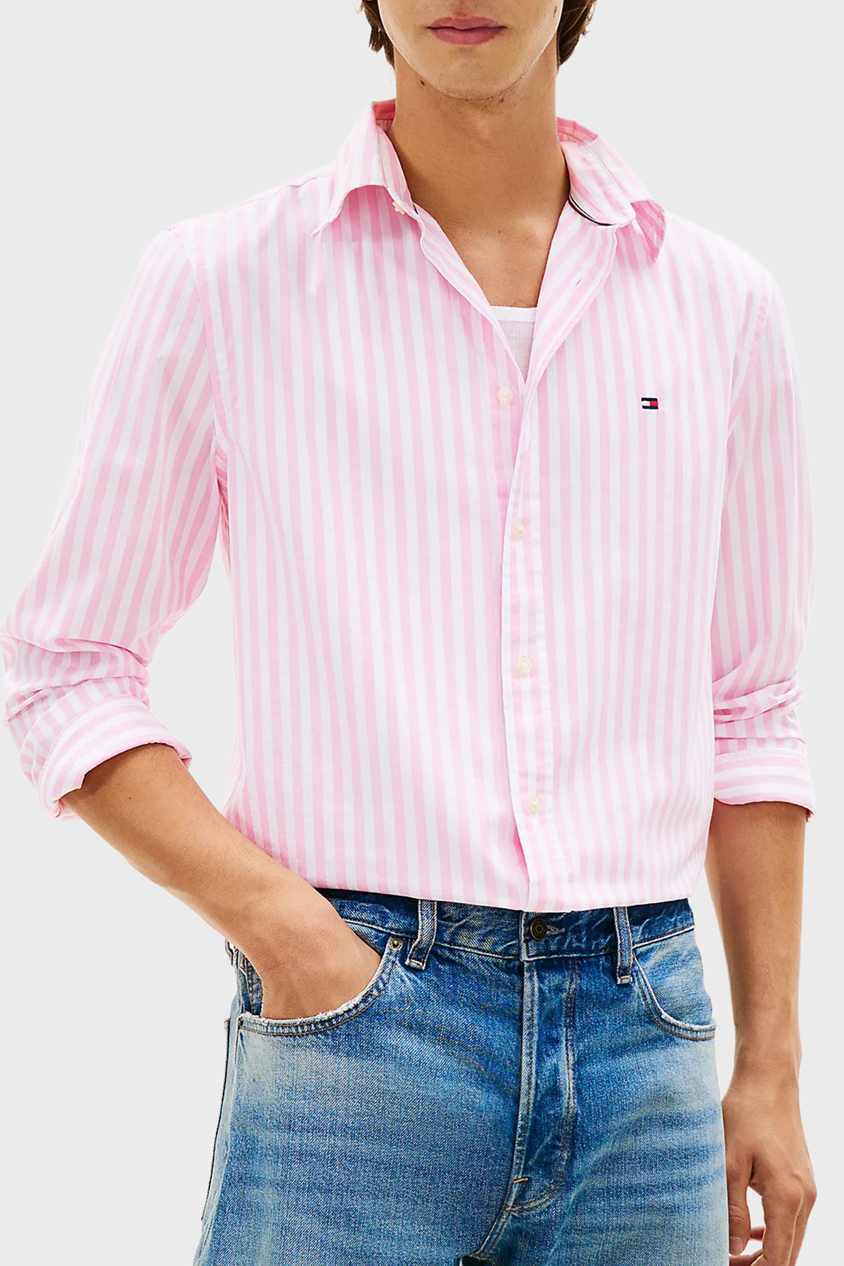 Tommy Hilfiger Pamuklu Regular Fit Çizgili Uzun Kollu Erkek Gömlek MW0MW42440 0D1 PEMBE-BEYAZ