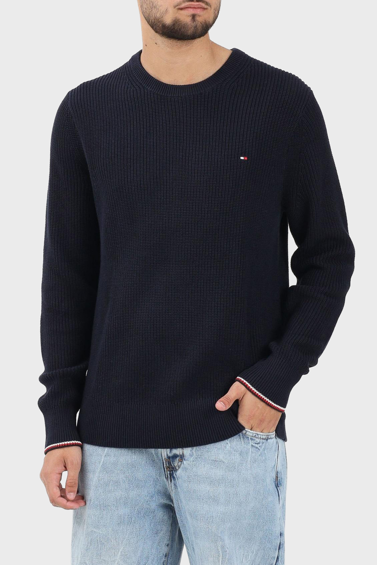 Tommy Hilfiger Pamuklu Regular Fit Logolu Bisiklet Yaka Erkek Kazak MW0MW41516 DW5 LACİVERT