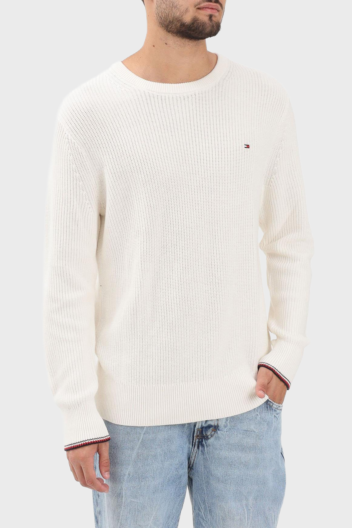 Tommy Hilfiger Pamuklu Regular Fit Logolu Bisiklet Yaka Erkek Kazak MW0MW41516 Z00 AÇIK BEJ