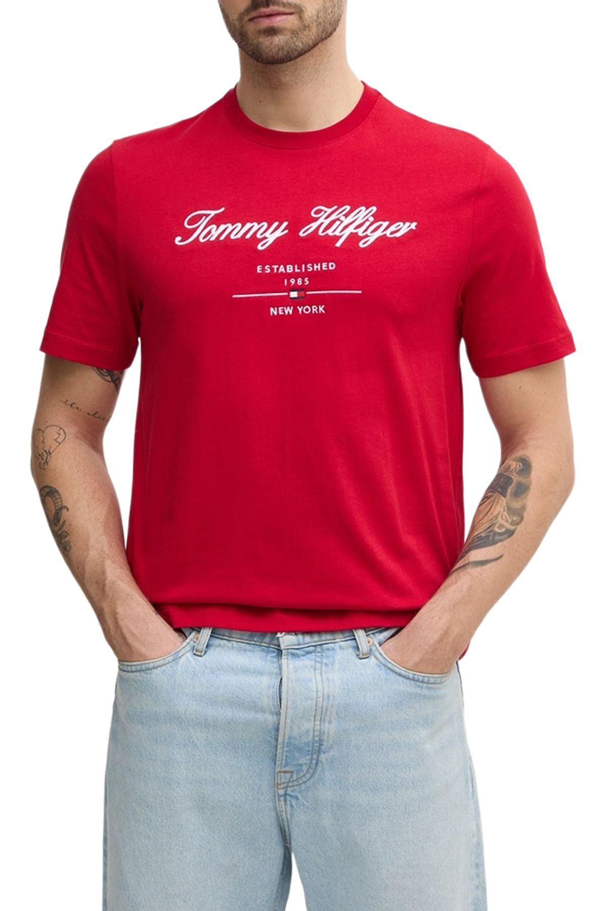 Tommy Hilfiger Pamuklu Regular Fit Logolu Bisiklet Yaka Erkek T Shirt MW0MW33691 XLD KIRMIZI