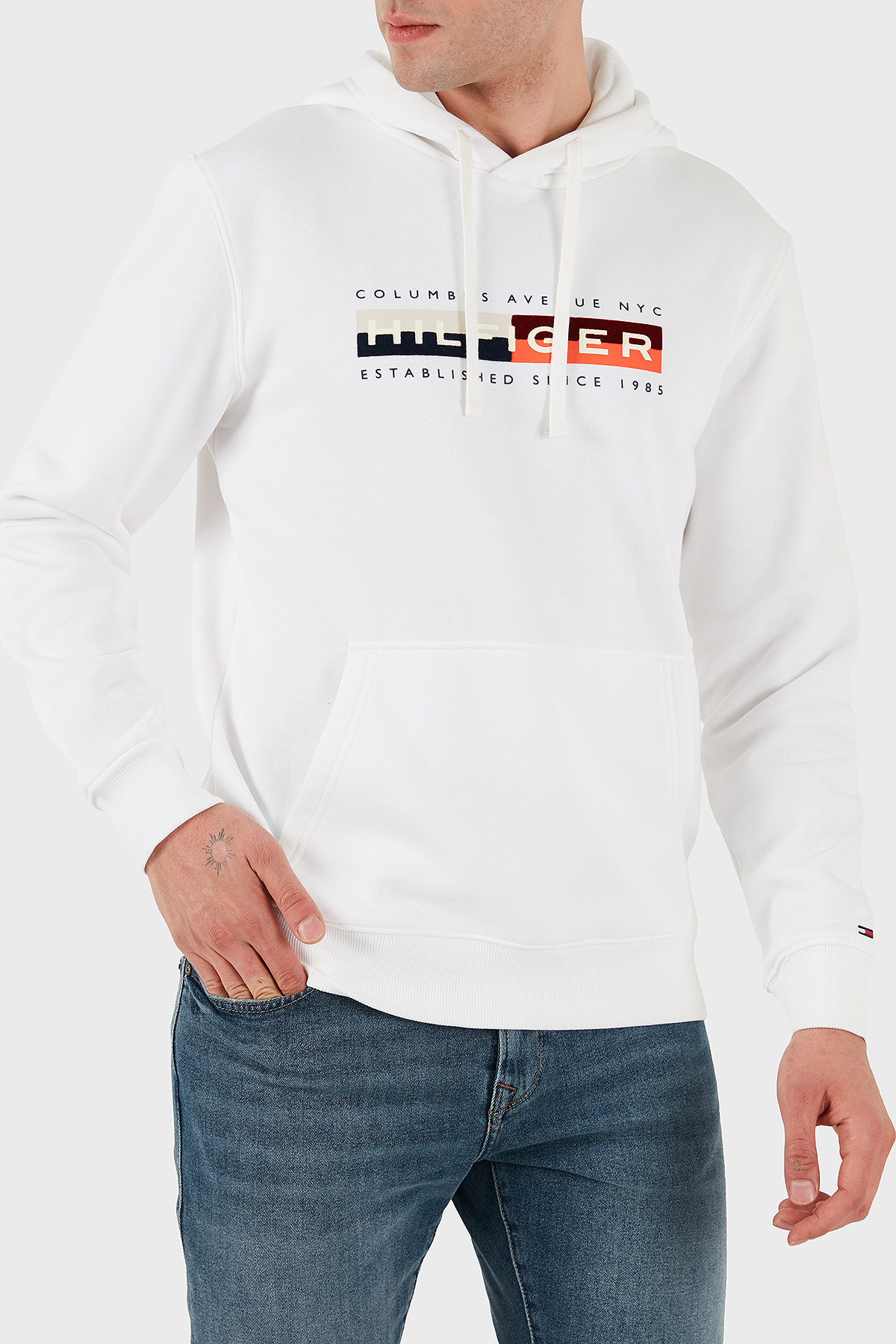 Tommy Hilfiger Pamuklu Regular Fit Logolu Kapüşon Yaka Erkek Sweat MW0MW40041 YBR BEYAZ