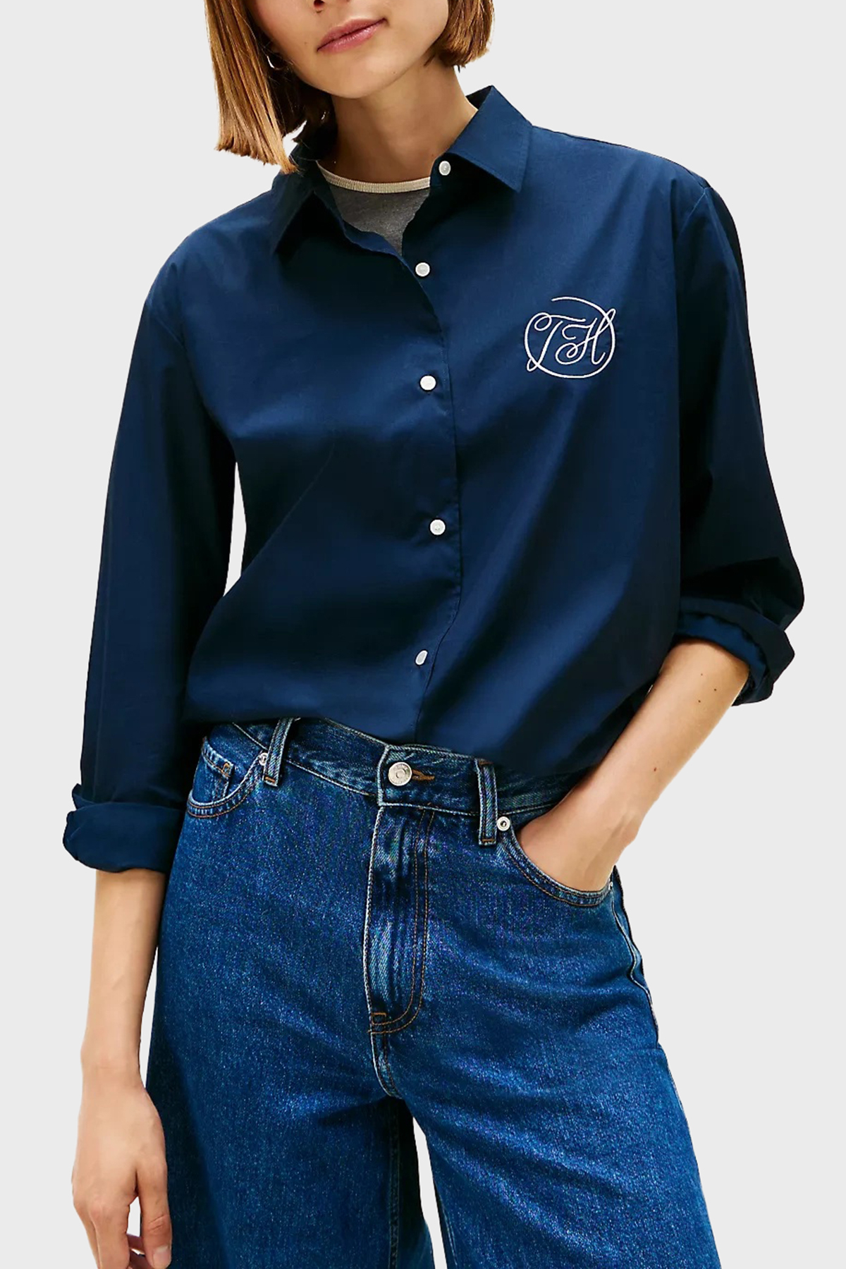 Tommy Hilfiger Pamuklu Regular Fit Logolu Uzun Kollu Kadın Gömlek WW0WW48190 C1G LACİVERT
