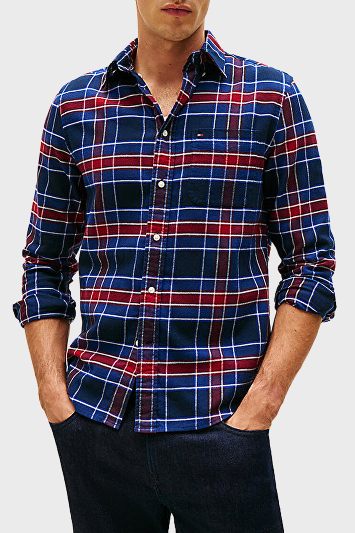 Tommy Hilfiger Pamuklu Regular Fit Uzun Kollu Ekoseli Erkek Gömlek MW0MW40473 0MS LACİVERT-BEYAZ
