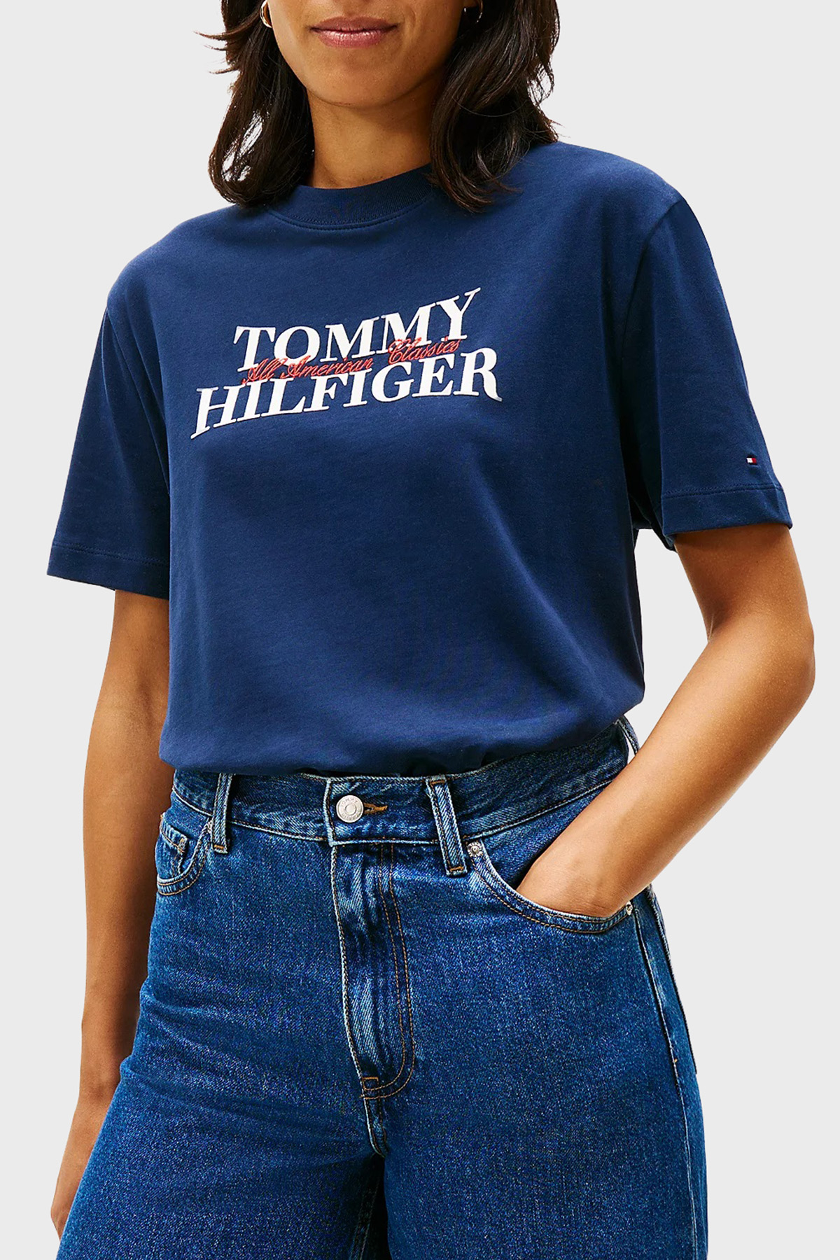 Tommy Hilfiger Pamuklu Relaxed Fit Bisiklet Yaka Kadın T Shirt WW0WW47884 C1G LACİVERT