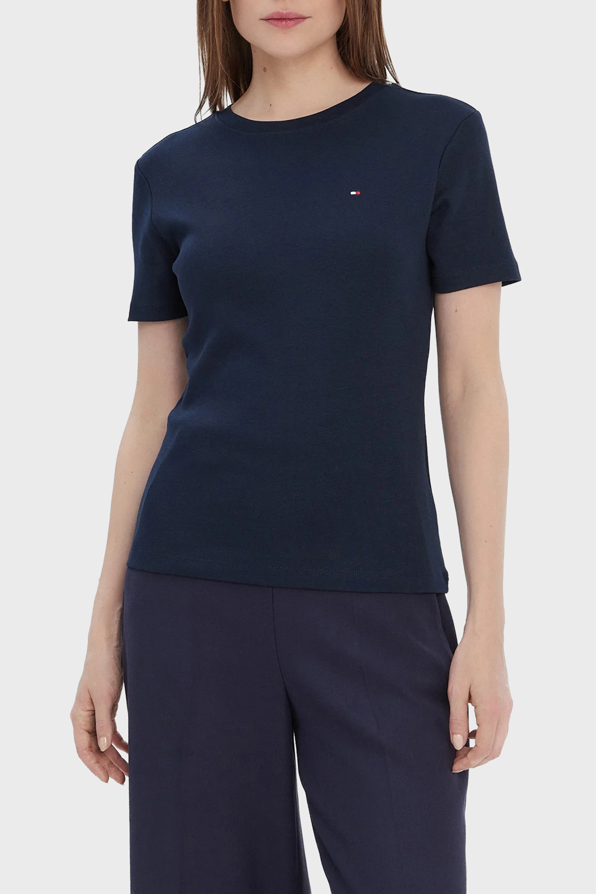 Tommy Hilfiger Pamuklu Slim Fit Bsiklet Yaka Kadın T Shirt WW0WW40587 C1G LACİVERT