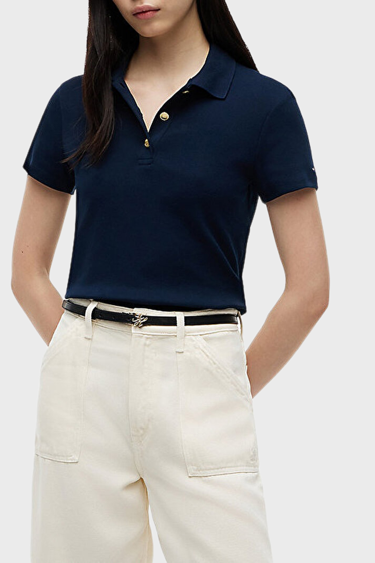 Tommy Hilfiger Pamuklu Slim Fit Düğmeli Kadın Polo Yaka T Shirt WW0WW49252 C1G LACİVERT