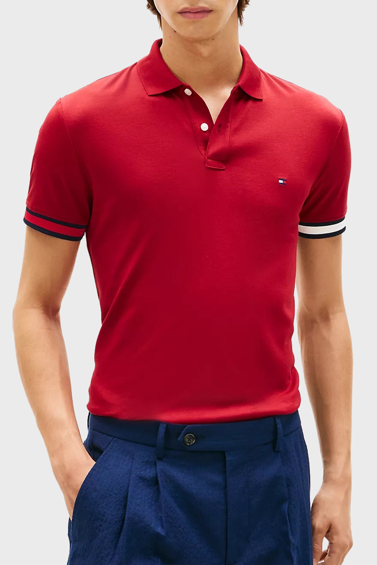 Tommy Hilfiger Pamuklu Slim Fit Düğmeli Erkek Polo Yaka T Shirt MW0MW42743 XIT KIRMIZI