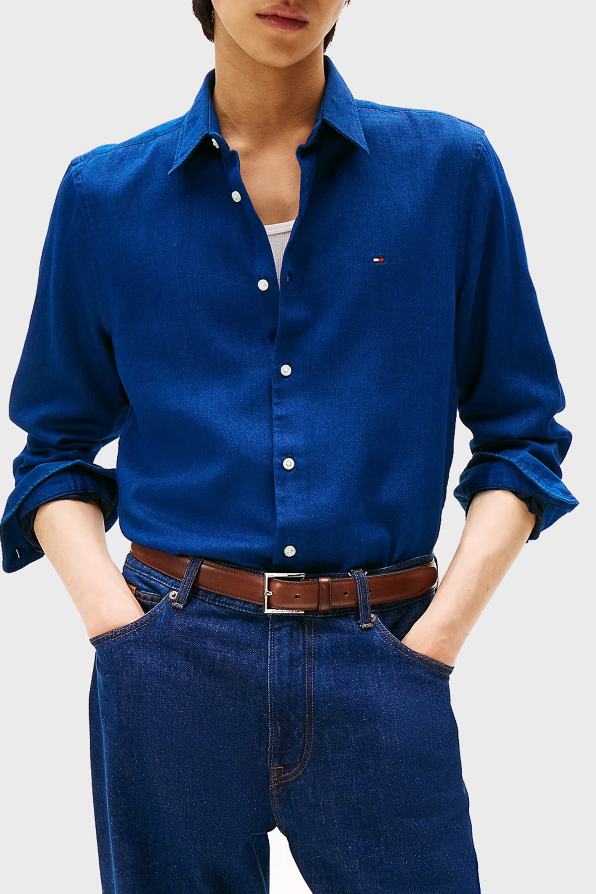 Tommy Hilfiger Pamuklu Slim Fit Klasik Yaka Uzun Kollu Erkek Gömlek MW0MW40498 0GY MAVİ