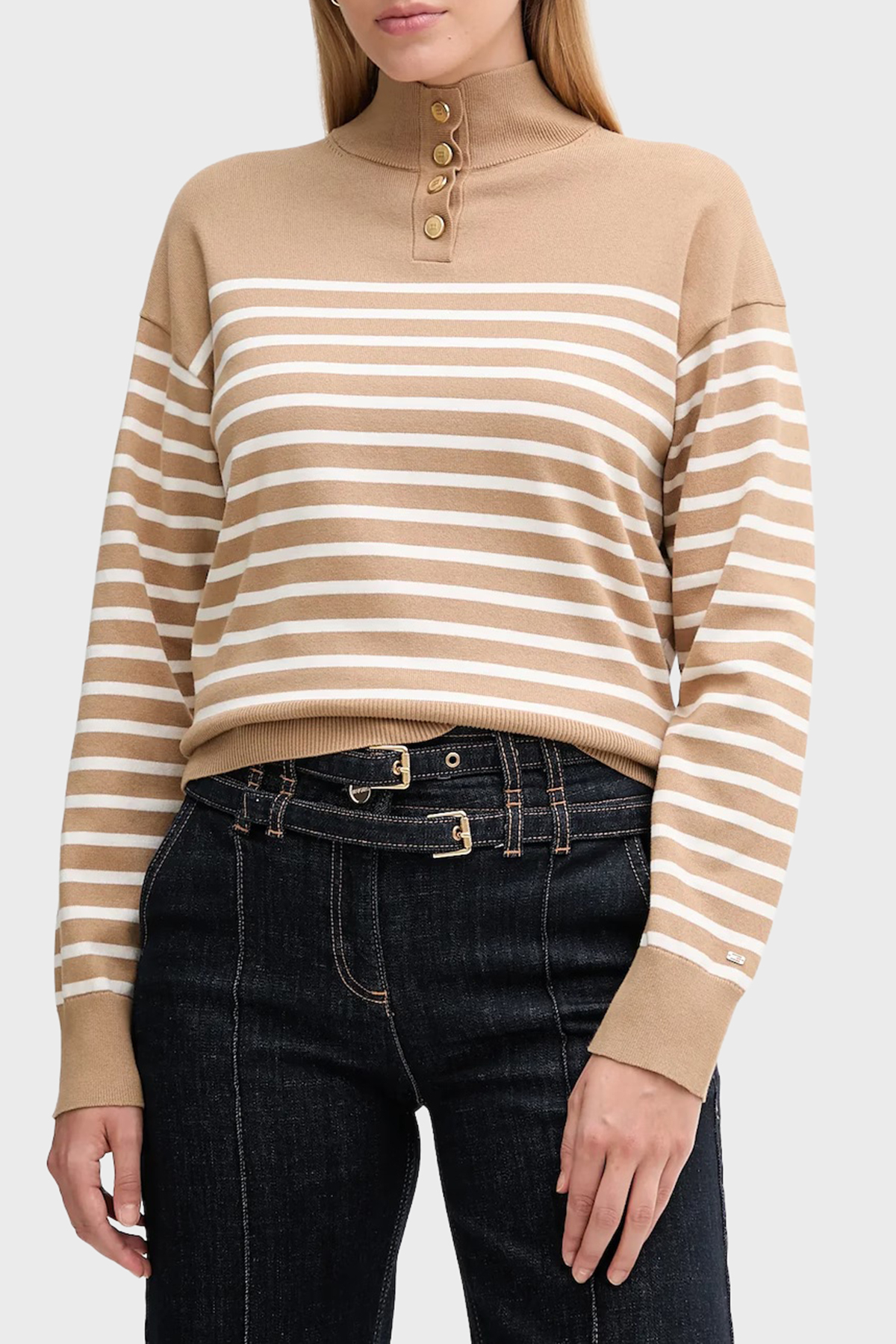 Tommy Hilfiger Şeritli Pamuklu Regular Fit Düğmeli Balıkçı Yaka Kadın Kazak WW0WW47467 0AF BEJ