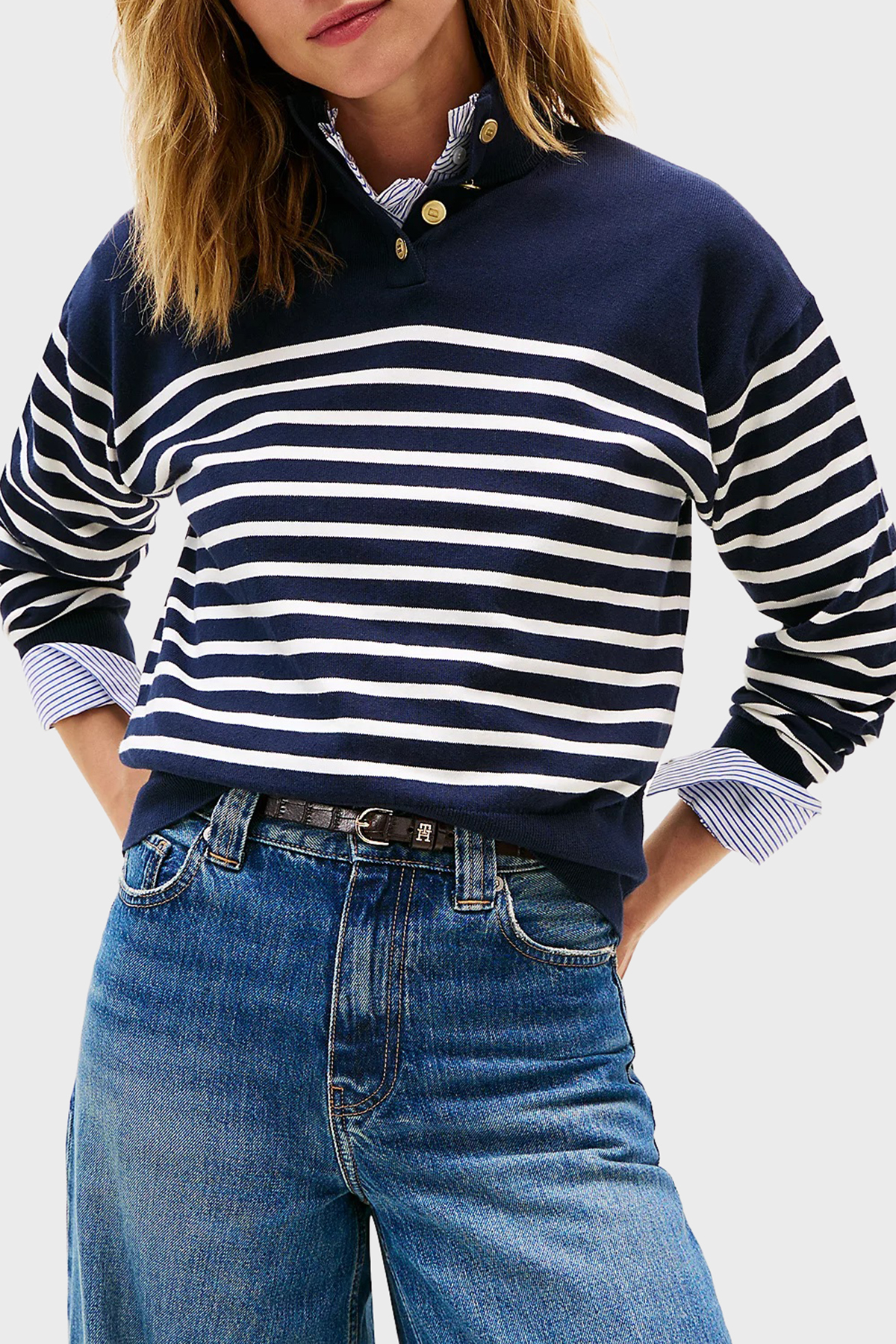 Tommy Hilfiger Şeritli Pamuklu Regular Fit Düğmeli Balıkçı Yaka Kadın Kazak WW0WW47467 0FI LACİVERT-BEYAZ