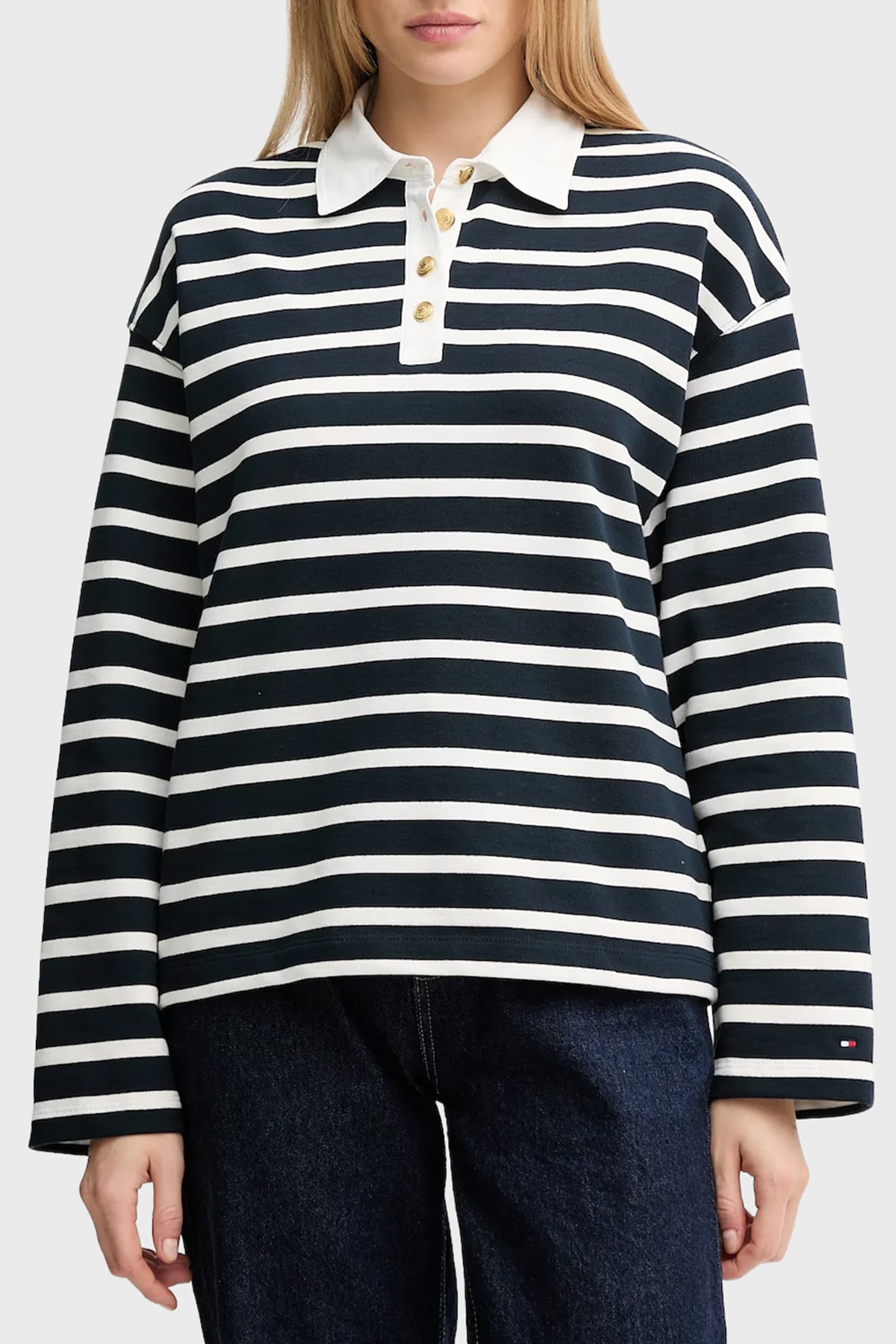 Tommy Hilfiger Şeritli Pamuklu Relaxed Fit Düğmeli Kadın Polo Yaka Sweat WW0WW47457 0Y7 LACİVERT-BEYAZ