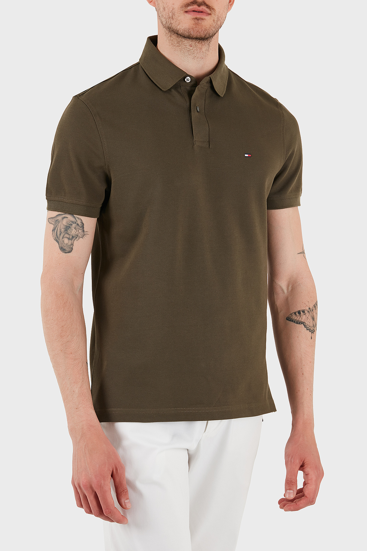Tommy Hilfiger Streç Pamuklu Slim Fit Düğmeli Erkek Polo Yaka T Shirt MW0MW17770 RBN KOYU HAKİ