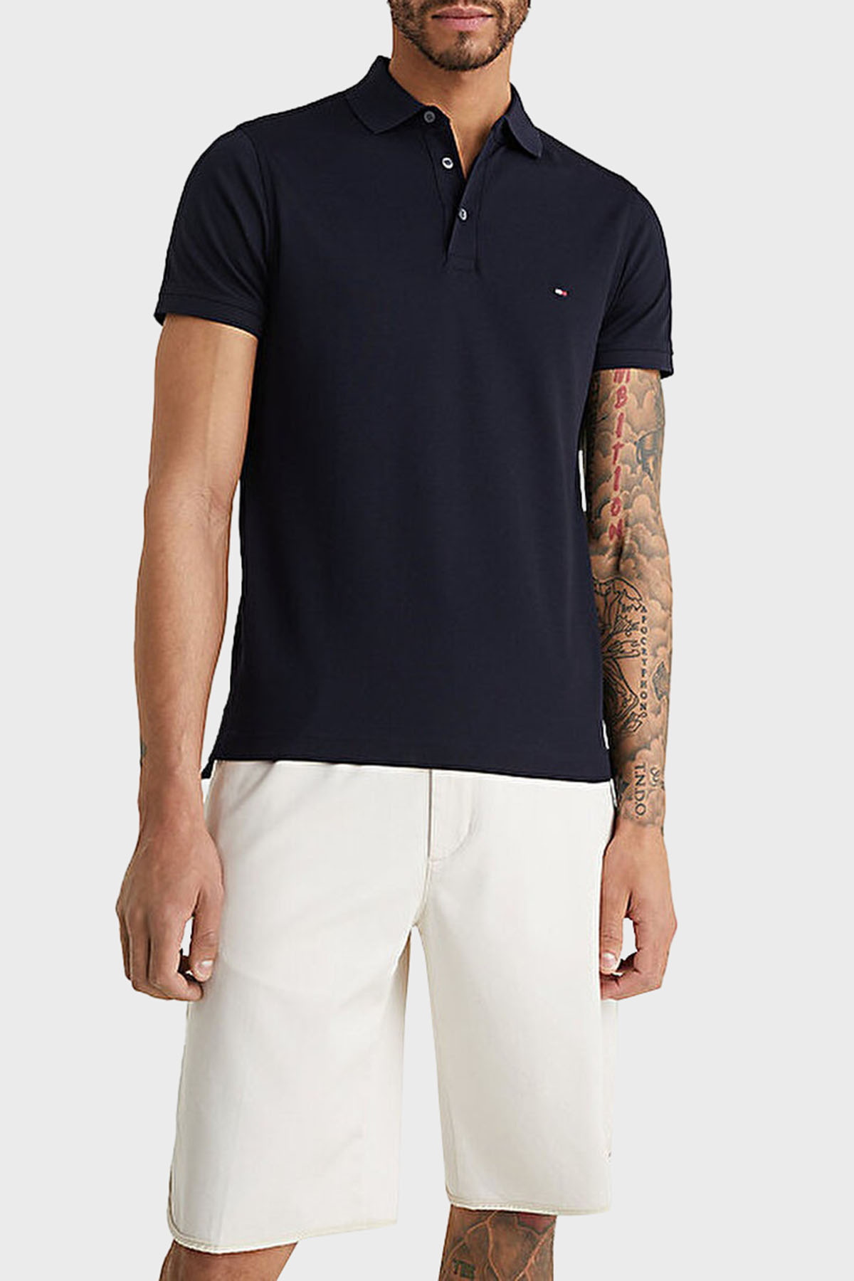 Tommy Hilfiger Streç Pamuklu Slim Fit Düğmeli Erkek Polo Yaka T Shirt MW0MW17771 DW5 LACİVERT