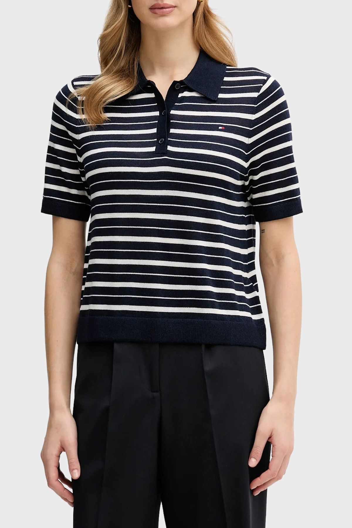 Tommy Hilfiger Yün ve İpek Karışımlı Çizgili Düğmeli Polo Yaka Kadın Kazak WW0WW48450 0A6 LACİVERT