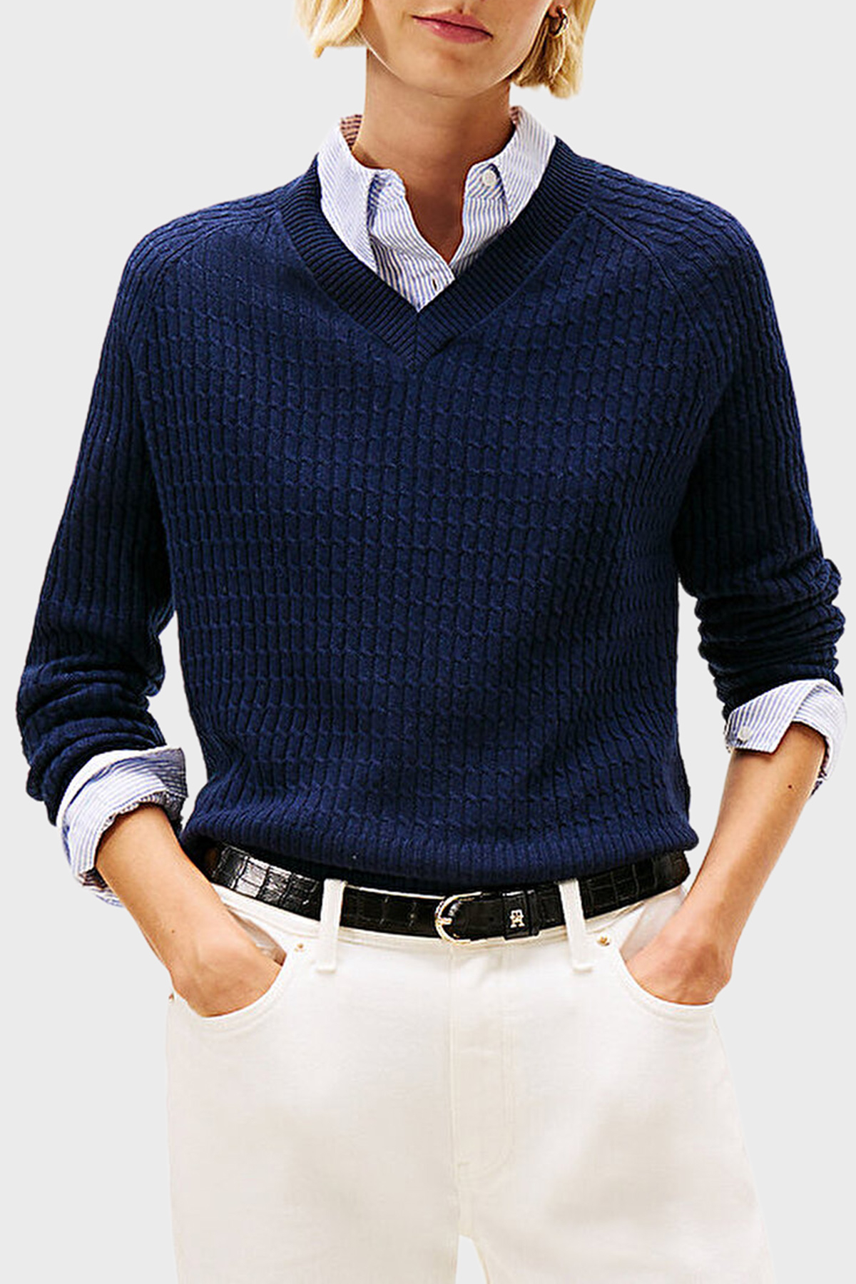 Tommy Hilfiger Yün ve Kaşmir Karışımlı Relaxed Fit V Yaka Kadın Kazak WW0WW46417 0Z0 LACİVERT