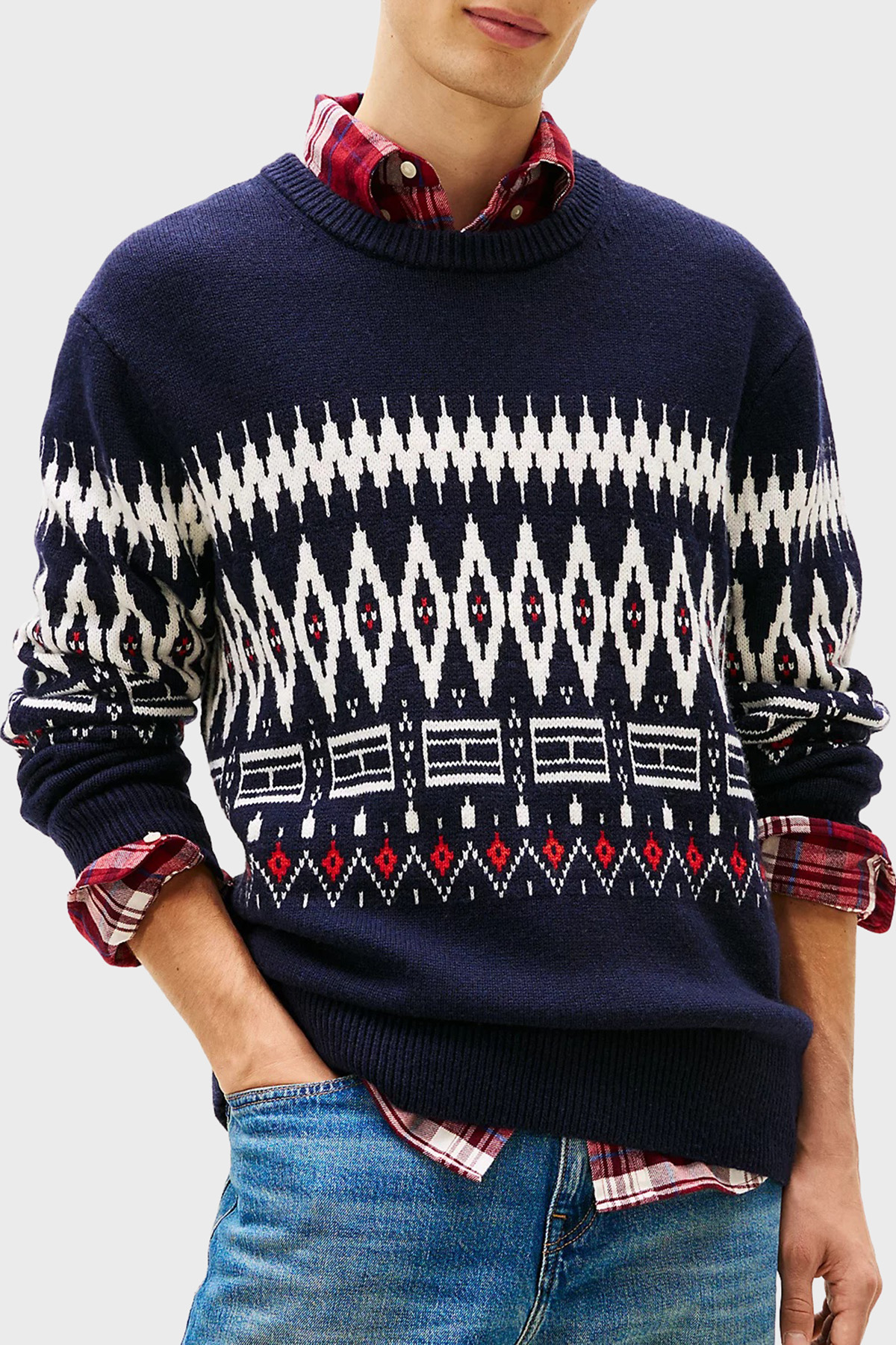 Tommy Hilfiger Yünlü Regular Fit Bisiklet Yaka Erkek Kazak MW0MW40844 0A4 LACİVERT-BEYAZ