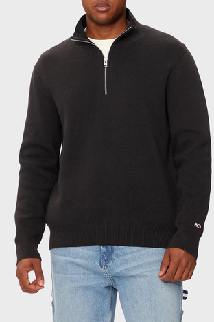 Tommy Jeans % 100 Pamuk Regular Fit Yarım Fermuarlı Dik Yaka Erkek Kazak DM0DM20596 BDS SİYAH - Tommy Jeans