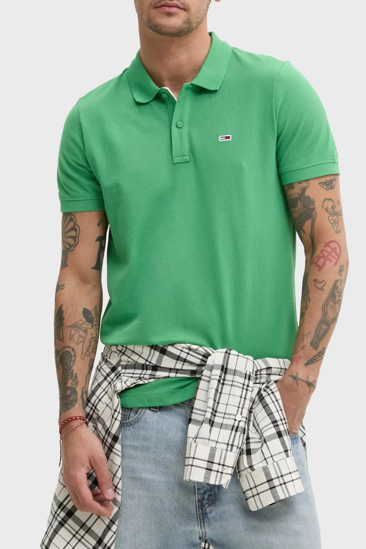 Tommy Jeans % 100 Pamuk Slim Fit Düğmeli Erkek Polo Yaka T Shirt DM0DM20676 LY3 YEŞİL-MAVİ