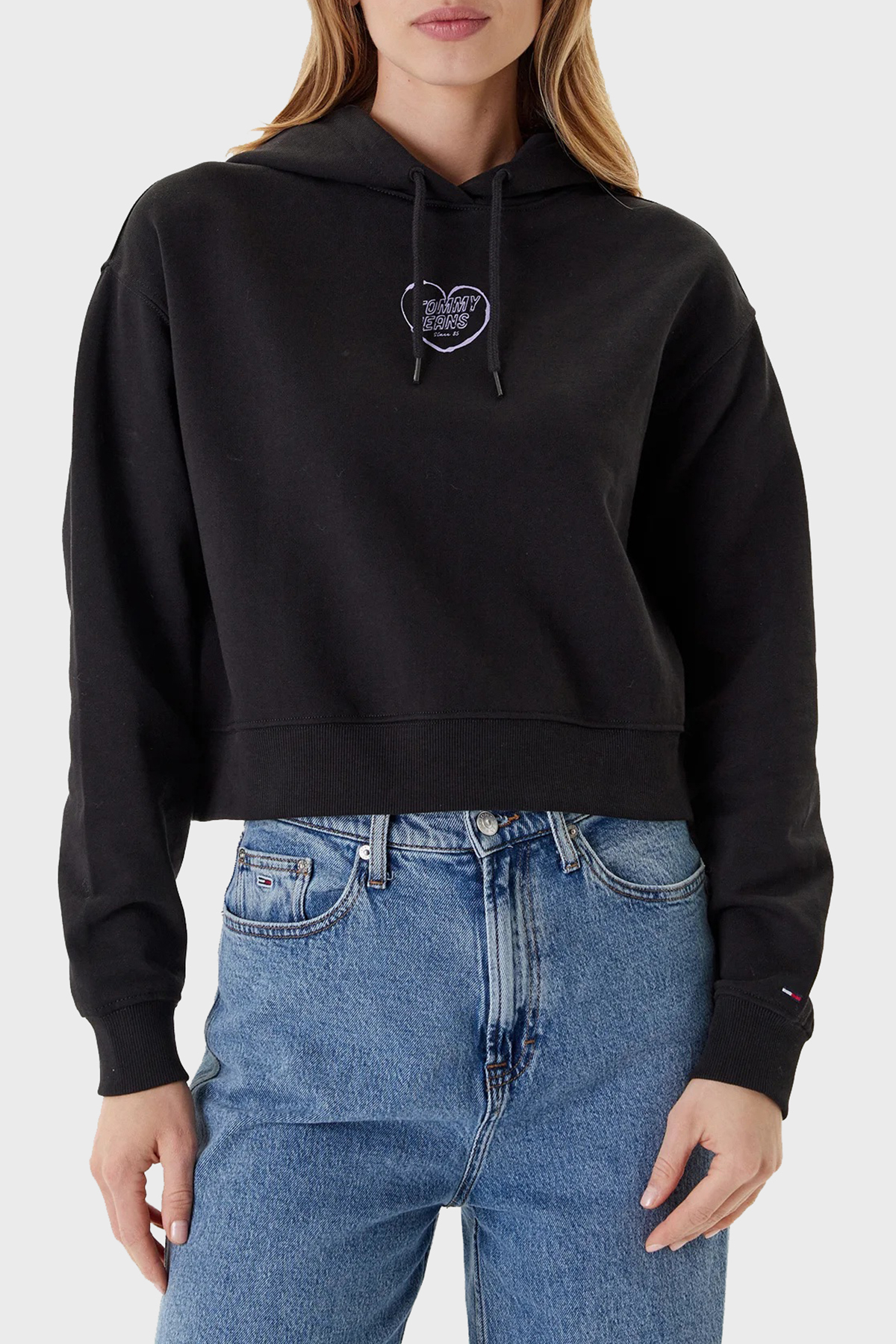 Tommy Jeans Logo Baskılı Pamuklu Relaxed Fit Kapüşonlu Crop Kadın Sweat DW0DW21408 BDS SİYAH