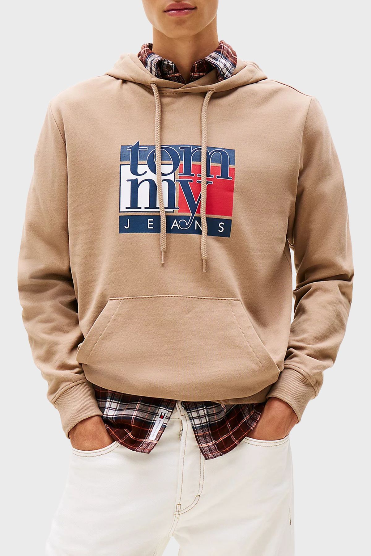 Tommy Jeans Logolu % 100 Pamuk Regular Fit Kapüşonlu Erkek Sweat DM0DM22092 AFE BEJ