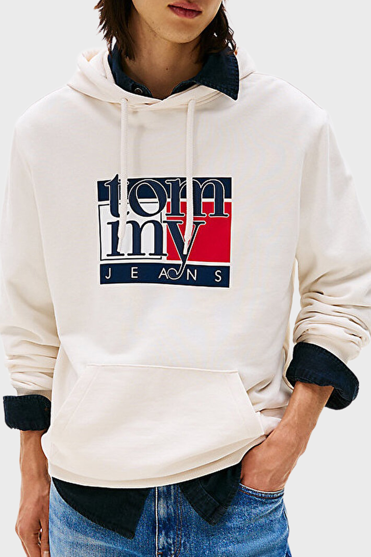Tommy Jeans Logolu % 100 Pamuk Regular Fit Kapüşonlu Erkek Sweat DM0DM22092 YBH BEYAZ