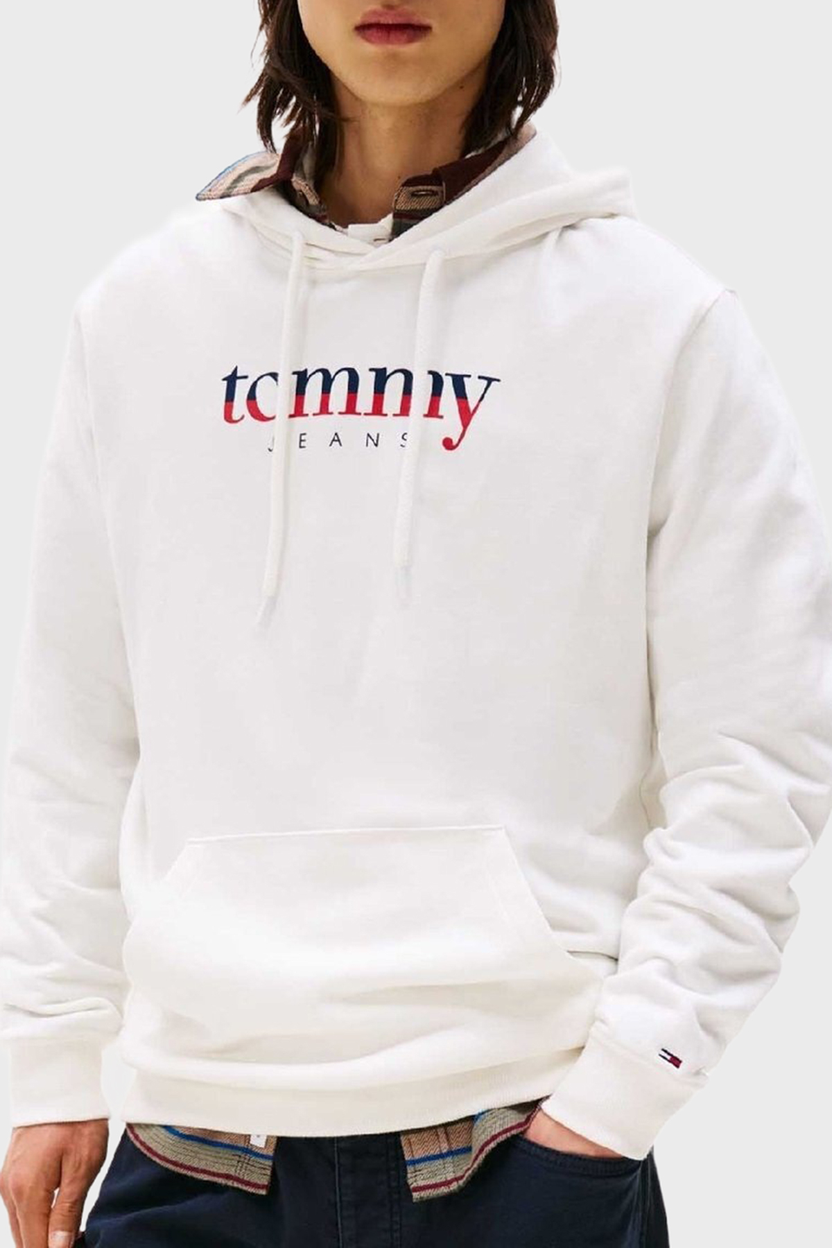 Tommy Jeans Logolu % 100 Pamuk Regular Fit Kapüşonlu Erkek Sweat DM0DM22113 YBL BEYAZ