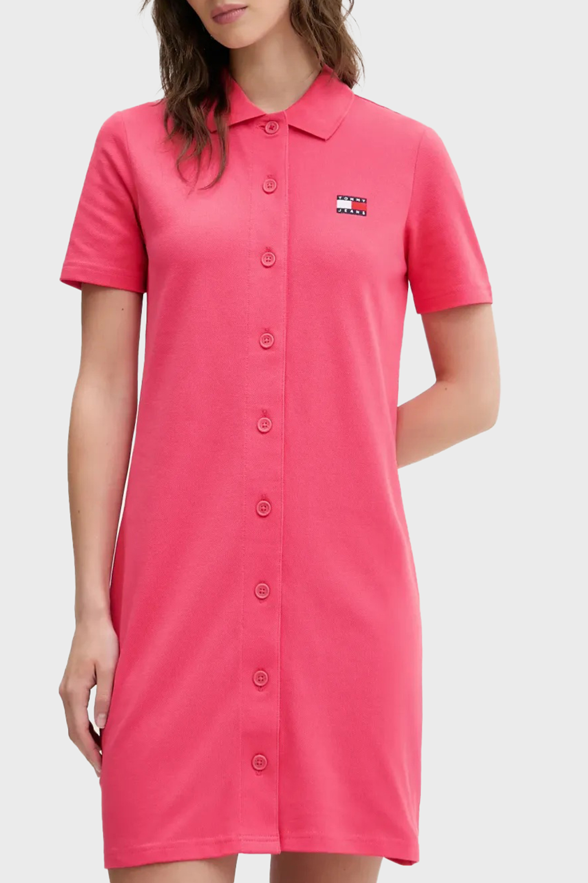 Tommy Jeans Logolu Pamuklu Regular Fit Polo Yaka Mini Boy Kadın Elbise DW0DW20302 XI2 PEMBE