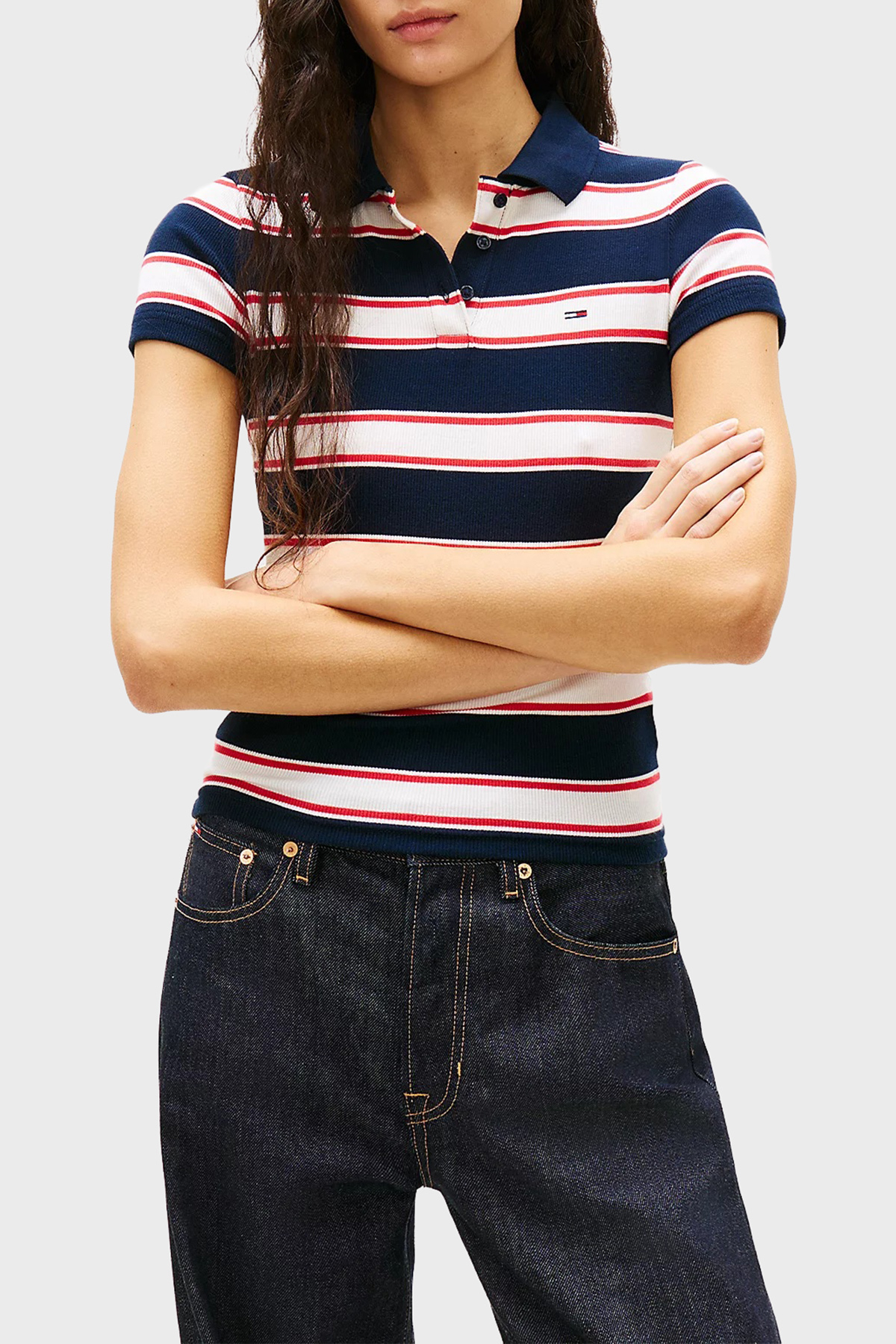 Tommy Jeans Pamuklu Çizgili Slim Fit Düğmeli Kadın Polo Yaka T Shirt DW0DW22327 0A7 LACİVERT-BEYAZ