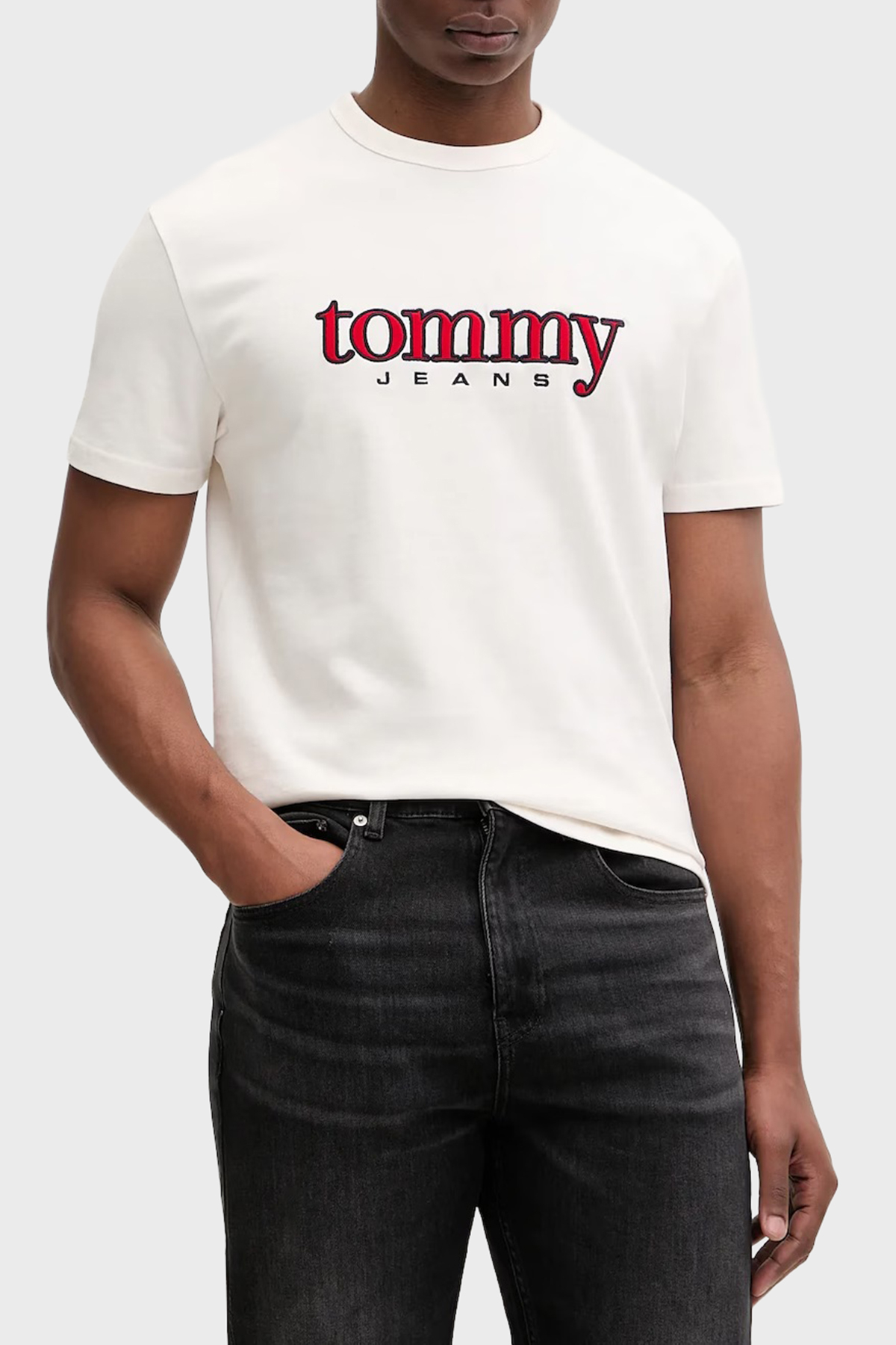 Tommy Jeans Pamuklu Regular Fit Logolu Bisiklet Yaka Erkek T Shirt DM0DM22719 YBH BEYAZ