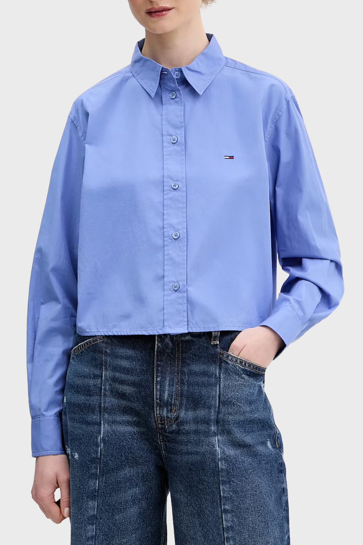 Tommy Jeans Pamuklu Regular Fit Logolu Uzun Kollu Kadın Gömlek DW0DW22078 C58 AÇIK MAVİ