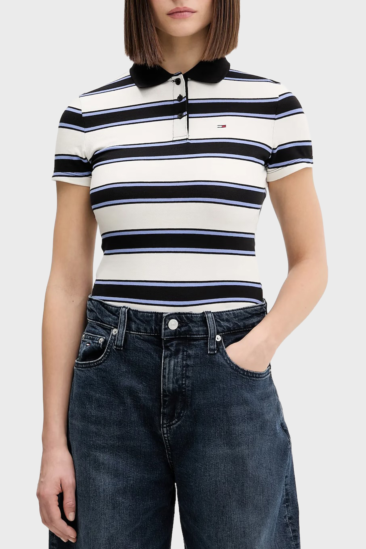 Tommy Jeans Pamuklu Slim Fit Çizgili Düğmeli Kadın Polo Yaka T Shirt DW0DW21931 0FB EKRU-LACİVERT