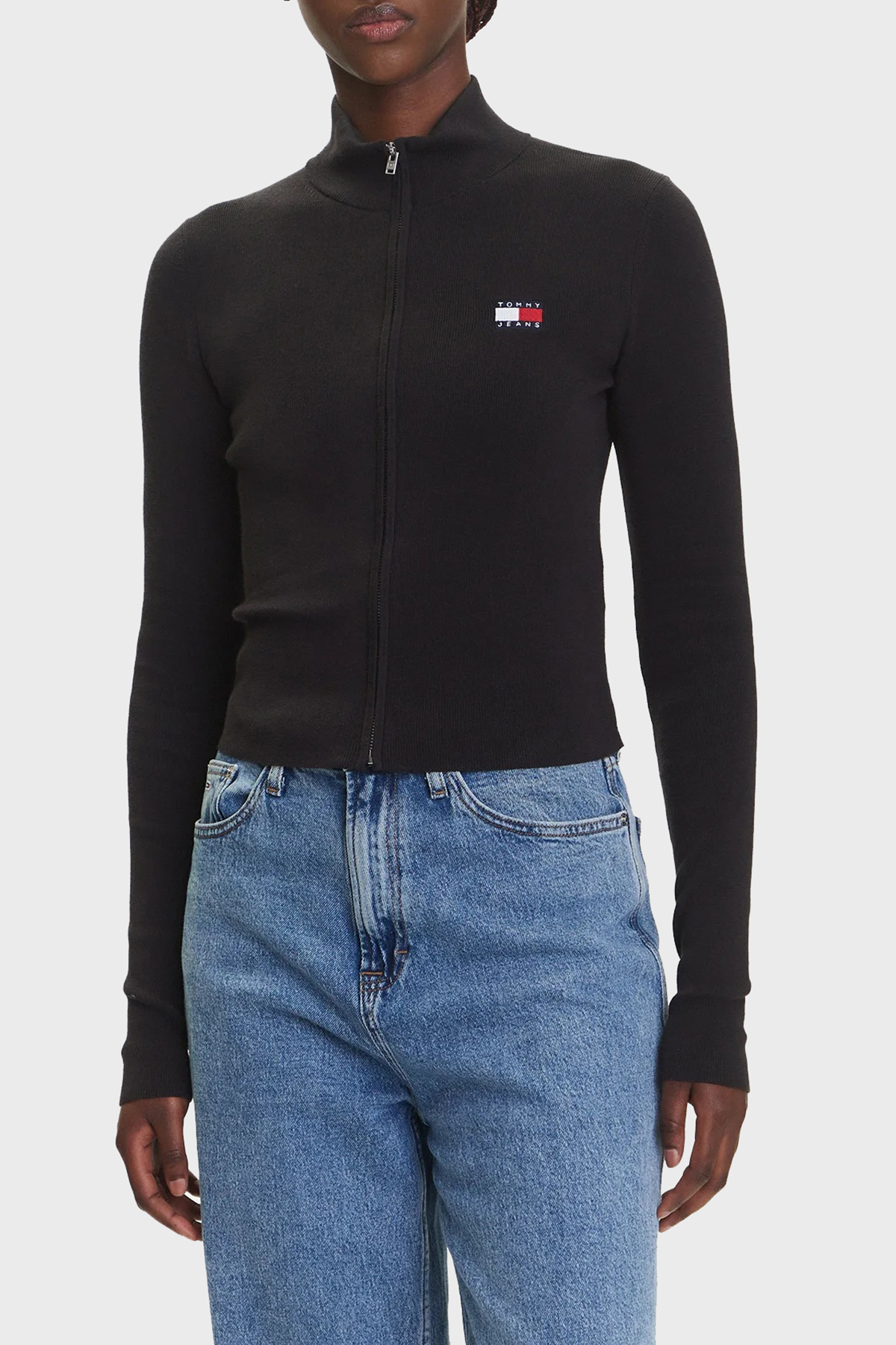 Tommy Jeans Pamuklu Slim Fit Fermuarlı Dik Yaka Crop Kadın Sweat DW0DW20967 BDS SİYAH