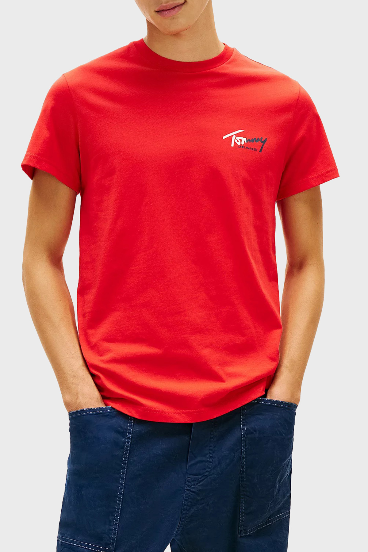 Tommy Jeans Pamuklu Slim Fit Logolu Bisiklet Yaka Erkek T Shirt DM0DM22538 XL8 KIRMIZI