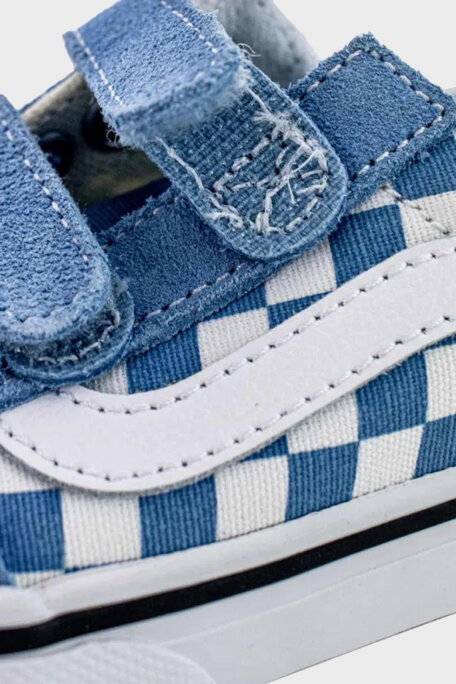 Vans Old Skool V Kareli Cırt Cırtlı Kanvas Sneaker Unisex Çocuk Ayakkabı VN0009RCE2W1 MAVİ-BEYAZ - 5