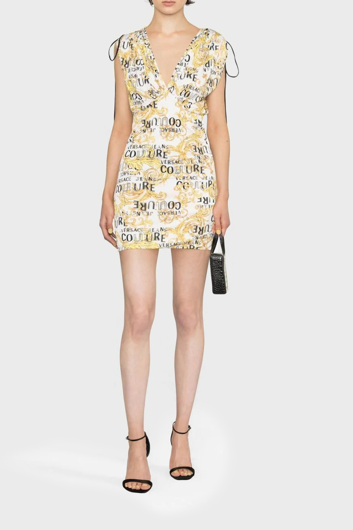 Versace Jeans Couture Desenli Omuzdan Büzgülü Slim Fit Bodycon Mini Kadın Elbise 74HAO921 JS162 G03 BEYAZ