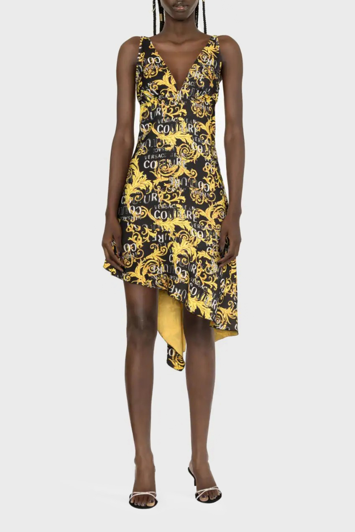 Versace Jeans Couture Barok Desenli V Yaka Asimetrik Kadın Elbise 74HAO912 NS228 G89 SİYAH