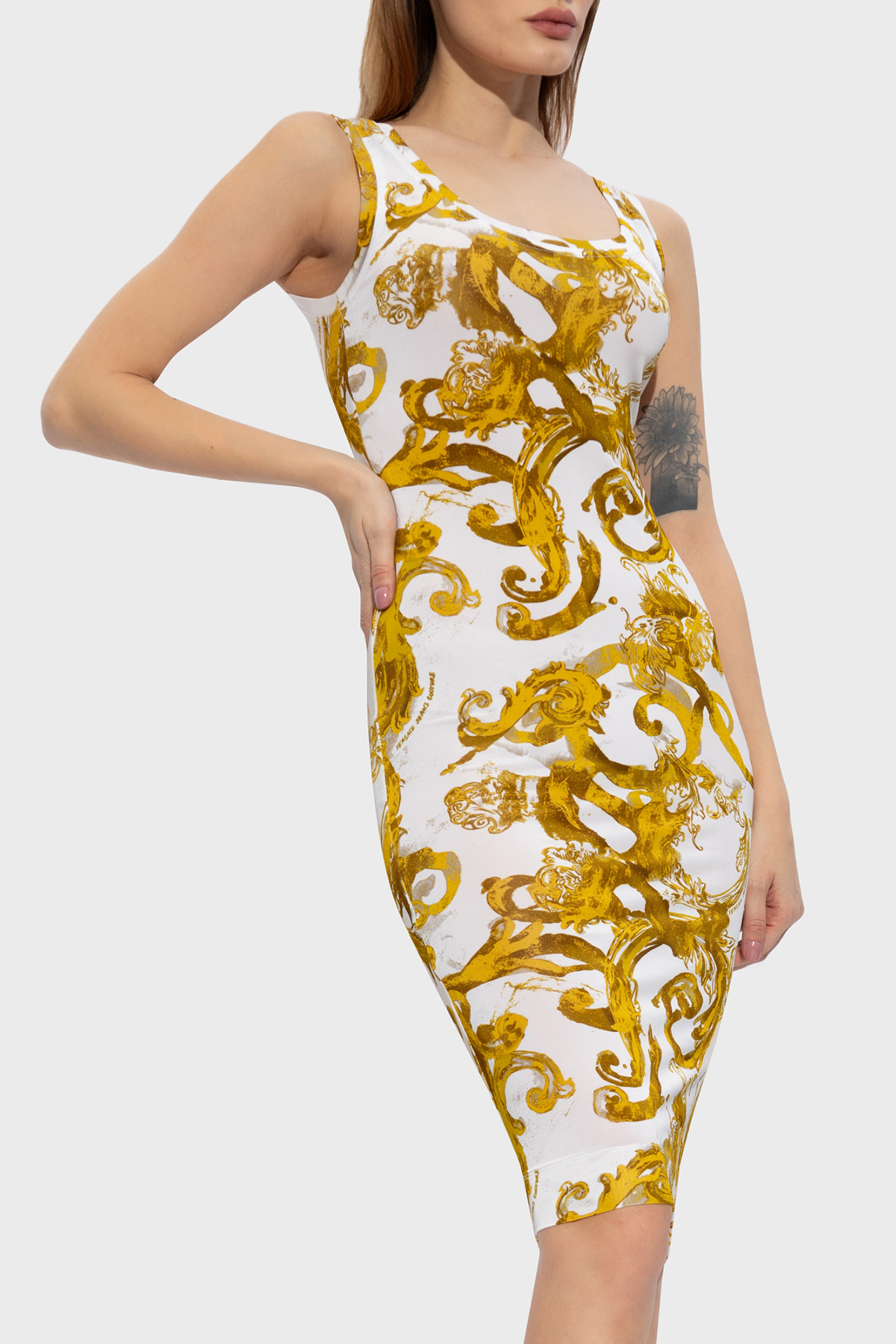 Versace Jeans Couture Desenli Bodycon Kadın Elbise 76HAO9B6 JS291 G03 BEYAZ-GOLD