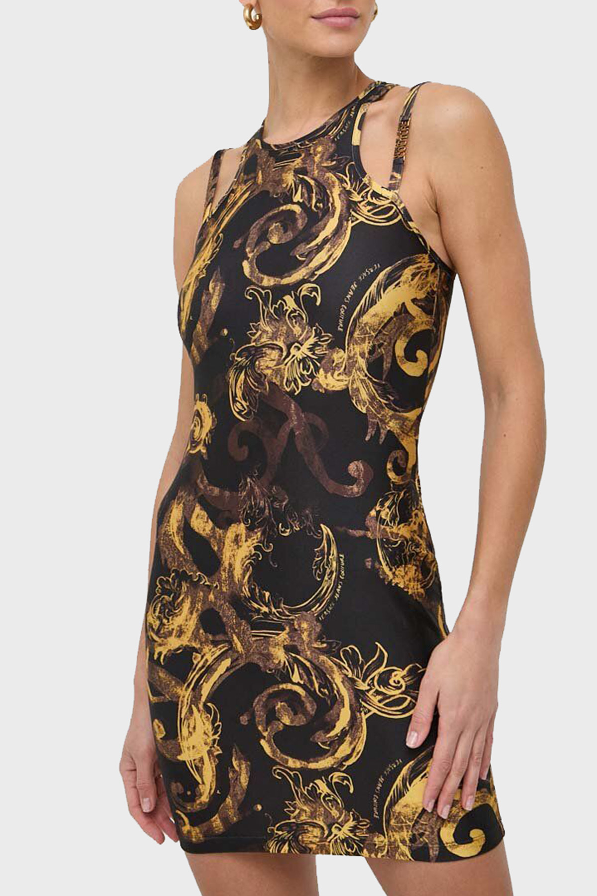 Versace Jeans Couture Desenli Bodycon Mini Kadın Elbise 76HAO944 JS292 G89 SİYAH-GOLD