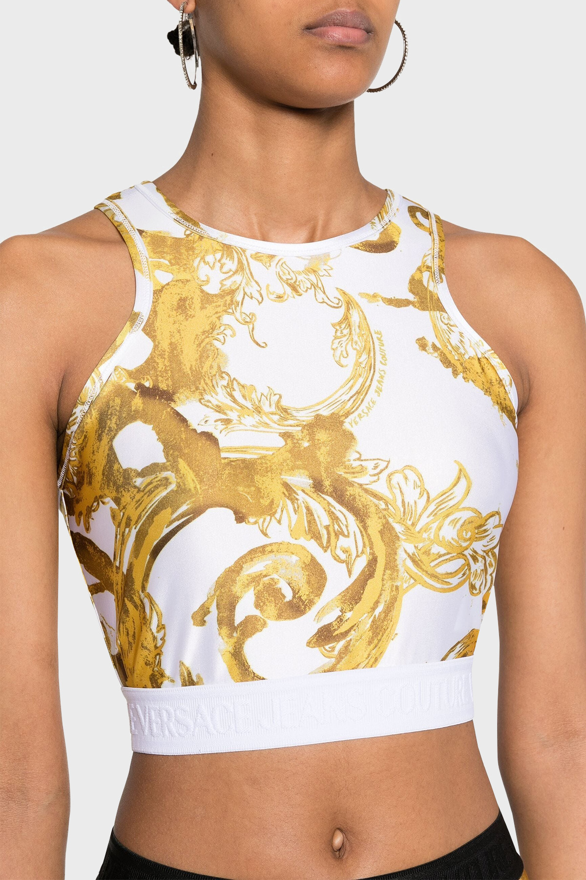 Versace Jeans Couture Desenli Slim Fit Crop Kadın Top 76HAM227 JS292 G03 BEYAZ-GOLD