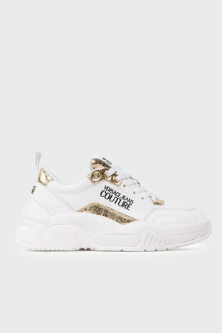 Versace Jeans Couture Logolu Kalın Tabanlı Deri Sneaker Bayan Ayakkabı 74VA3SF4 ZP267 G03 BEYAZ-GOLD - Versace Jeans Couture