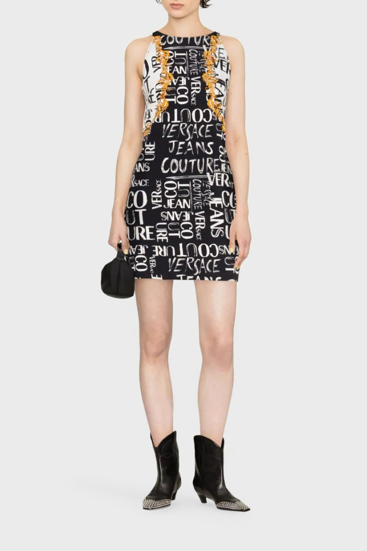 Versace Jeans Couture Pamuklu Logo Desen Baskılı Bisiklet Yaka Mini Kadın Elbise 74HAO95P ES054L54 G89 SİYAH