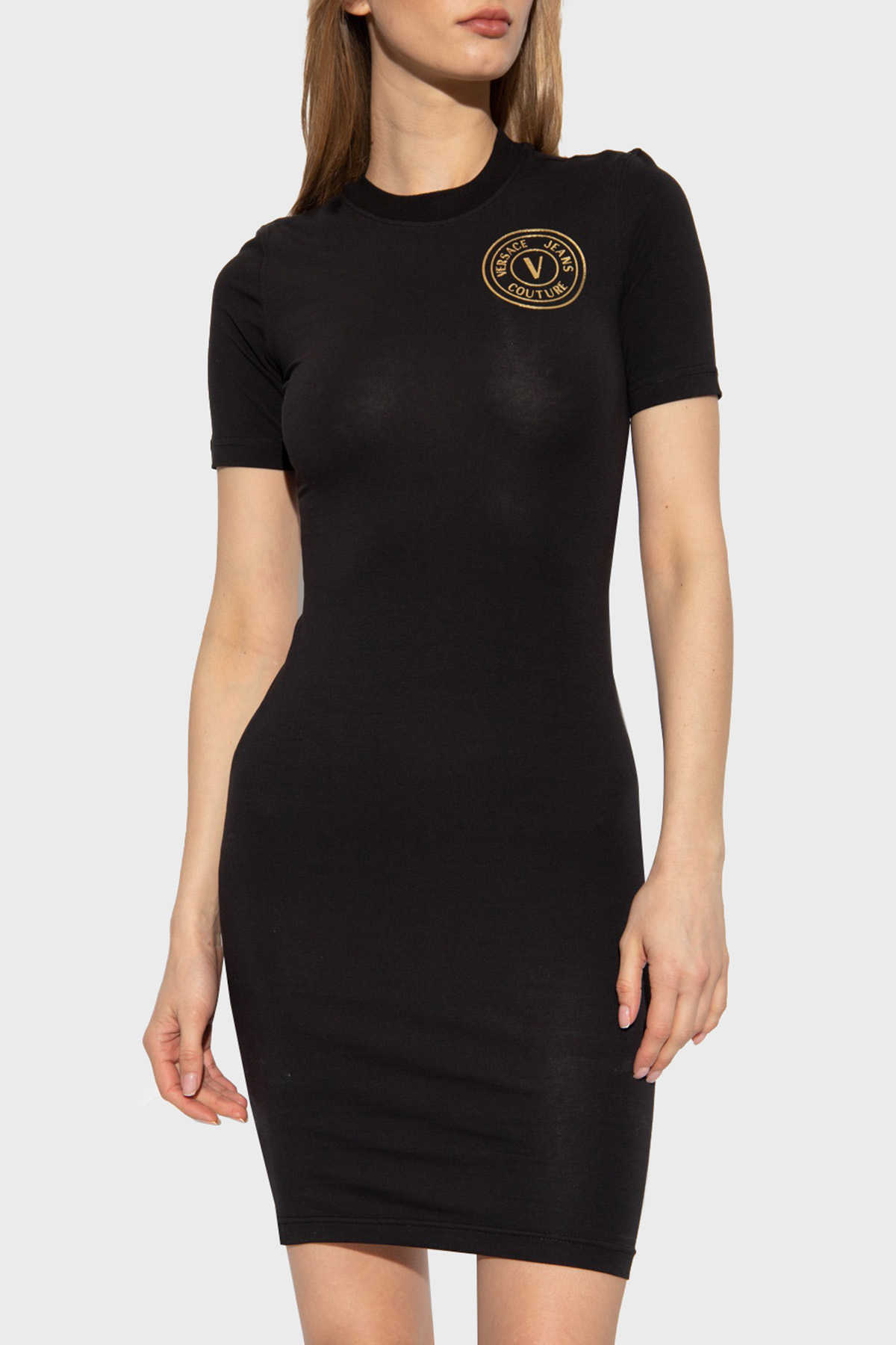 Versace Jeans Couture Pamuklu Logo Detaylı Mini T shirt Kadın Elbise 74HAOT06 CJ03T G89 SİYAH-GOLD