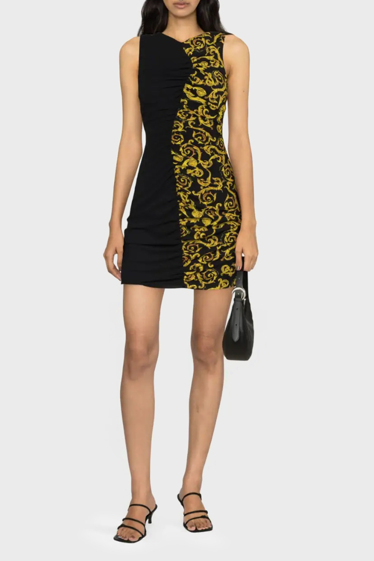 Versace Jeans Couture Plileli Desenli Tasarımlı Sırt Dekolteli Slim Fit Mini Kadın Elbise 74HAO900 NS217 G89 SİYAH