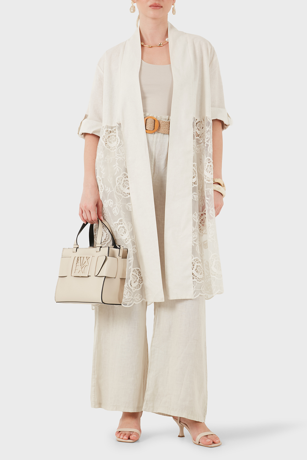 Via Dante % 100 Keten Dantel Detaylı Kimono Kadın Ceket 6909330 BEJ