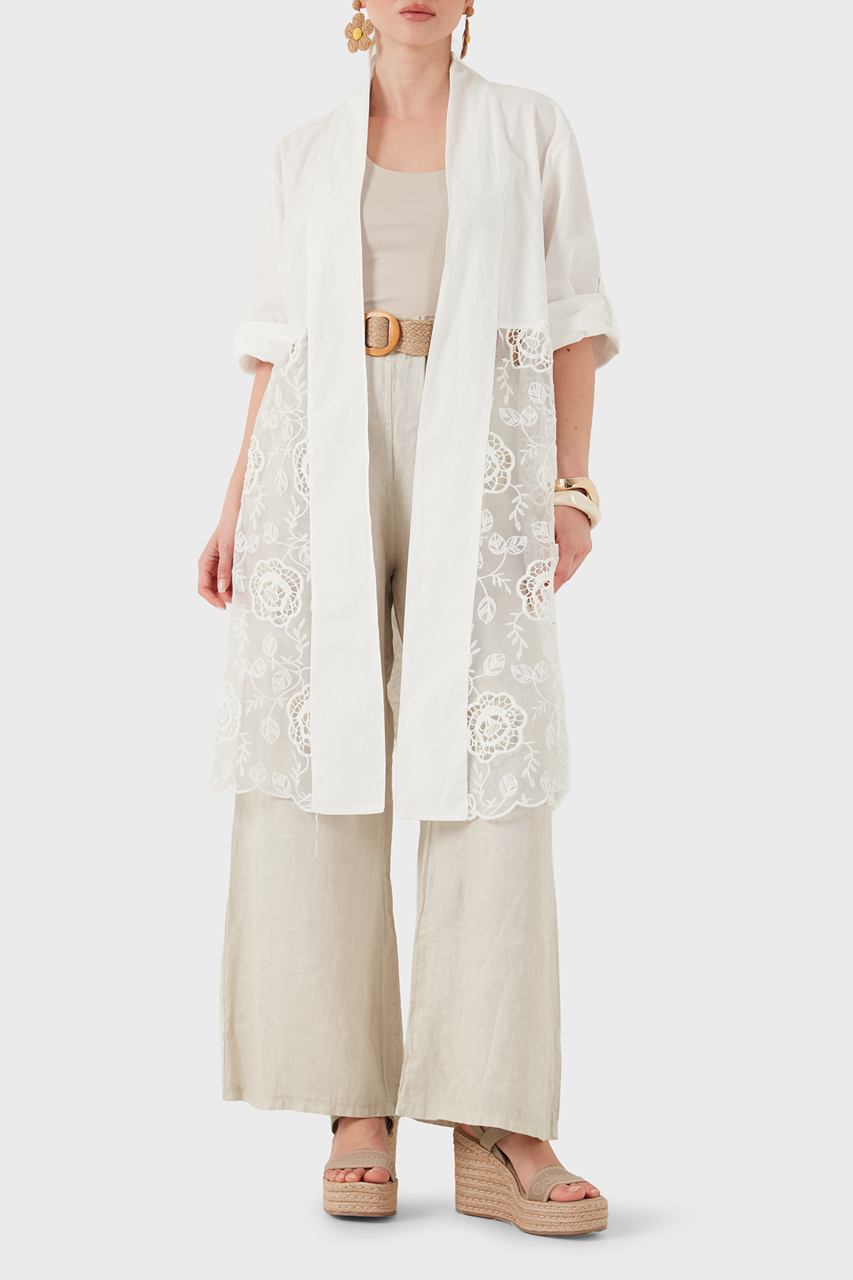 Via Dante % 100 Keten Dantel Detaylı Kimono Kadın Ceket 6909330 BEYAZ