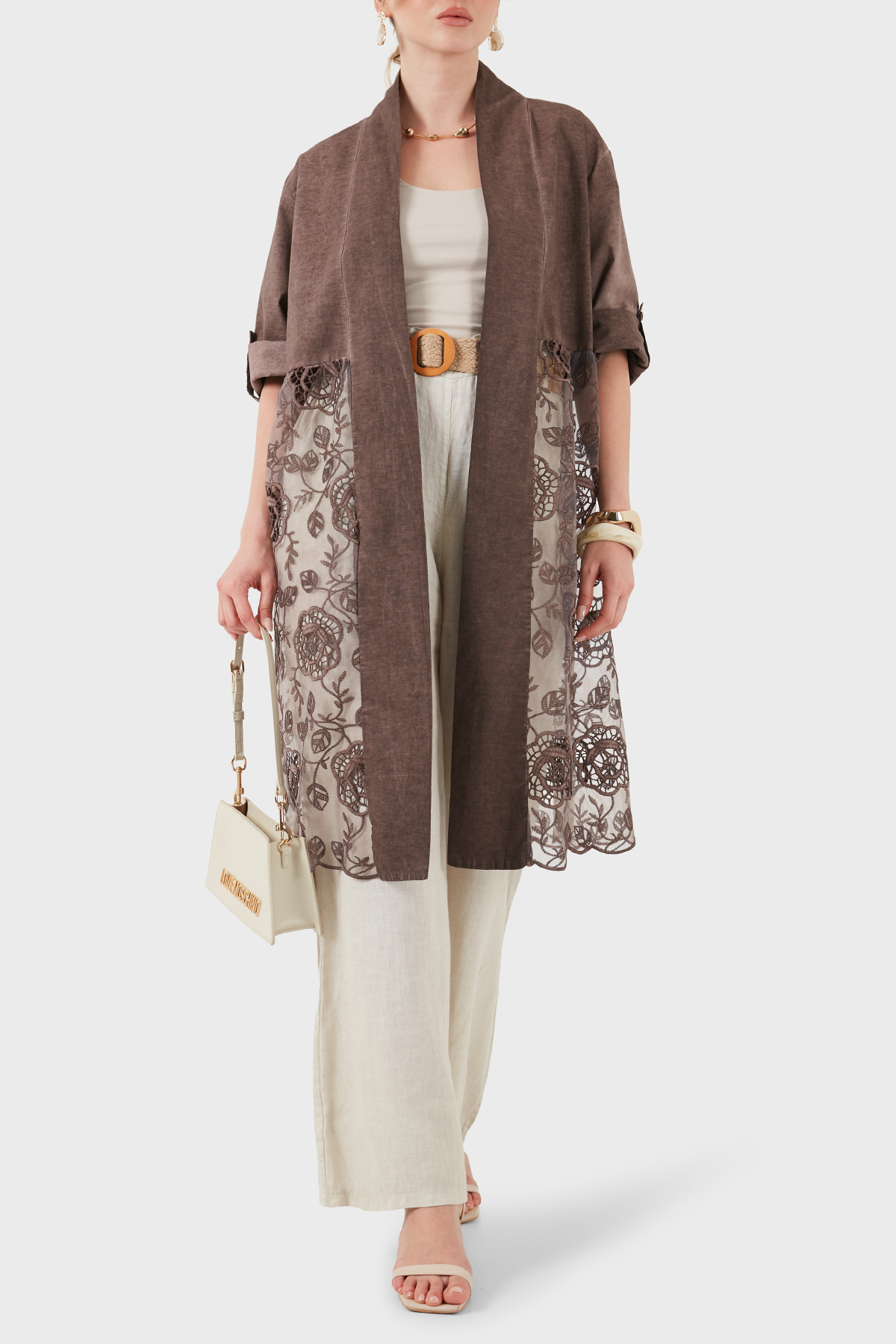 Via Dante % 100 Keten Dantel Detaylı Kimono Kadın Ceket 6909330 KAHVE