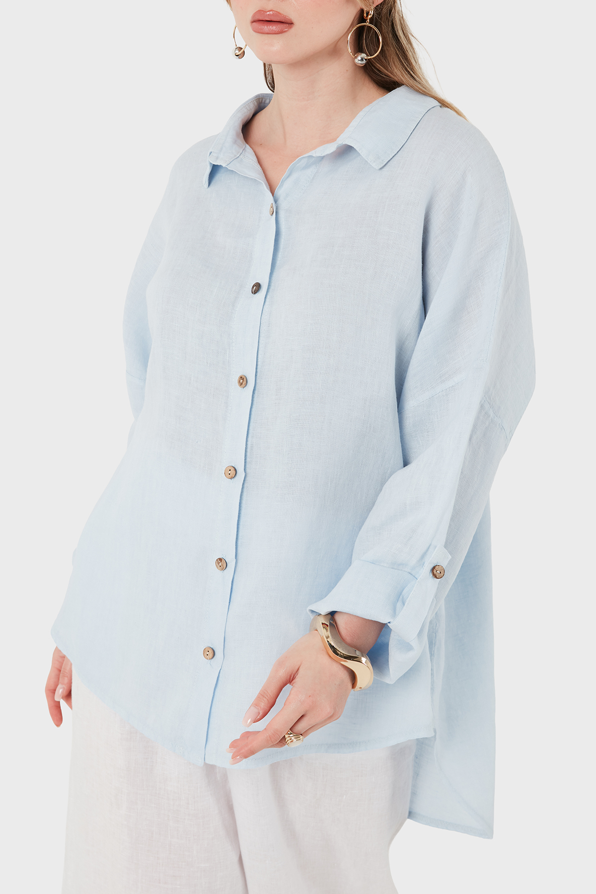 Via Dante % 100 Keten Oversize Yarı Transparan Kadın Gömlek 7697 MAVİ
