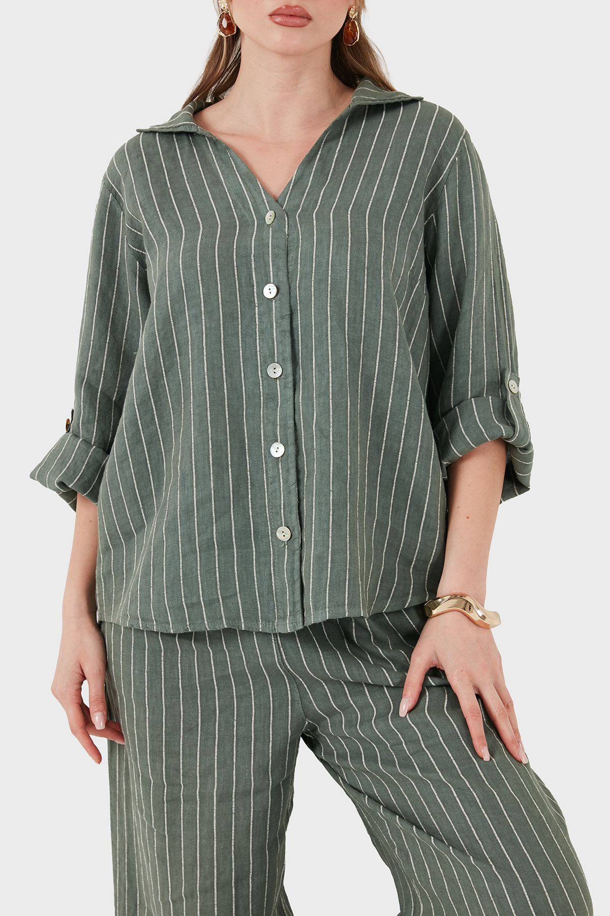 Via Dante Çizgili Relaxed Fit Uzun Kollu Keten Kadın Gömlek 6684RN HAKİ