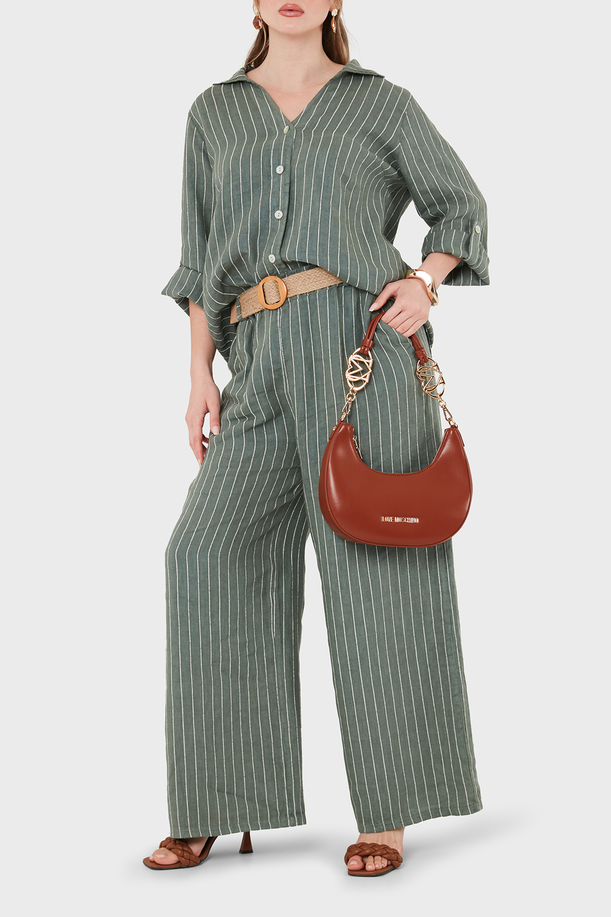 Via Dante Çizgili Relaxed Fit Yüksek Bel Bol Paça Keten Kadın Pantolon 5056RN HAKİ